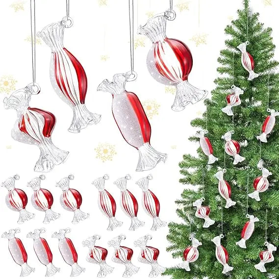 Syhood 12 Pcs Christmas Glass Candy Ornaments - Red White Candy Lollipop Hanging Ornaments for Xmas Tree Party Decoration