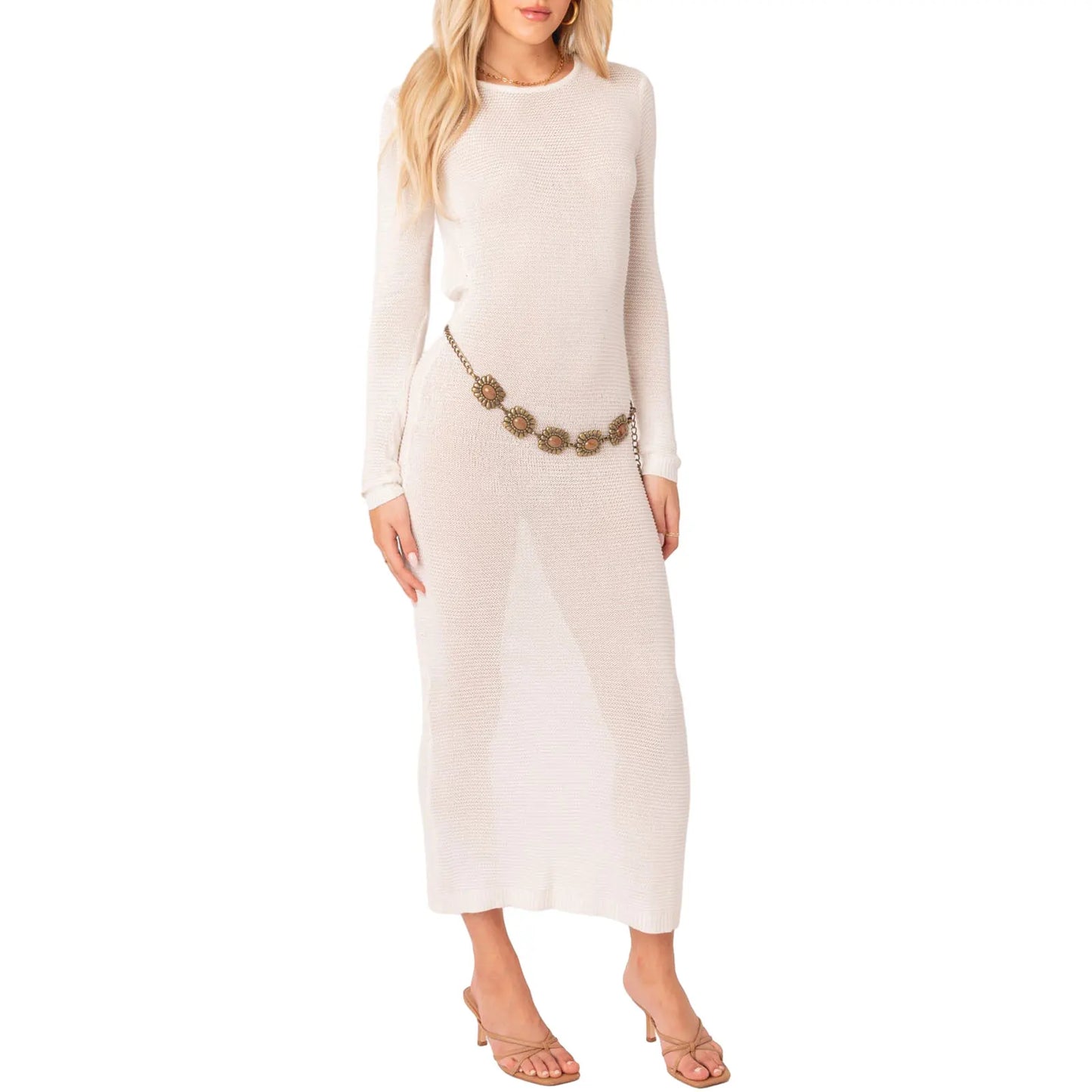 Elegant Women s Winter Maxi Dress with Turtleneck and Belted Waist Long Sleeve Solid Color Knit Dress for Formal Events