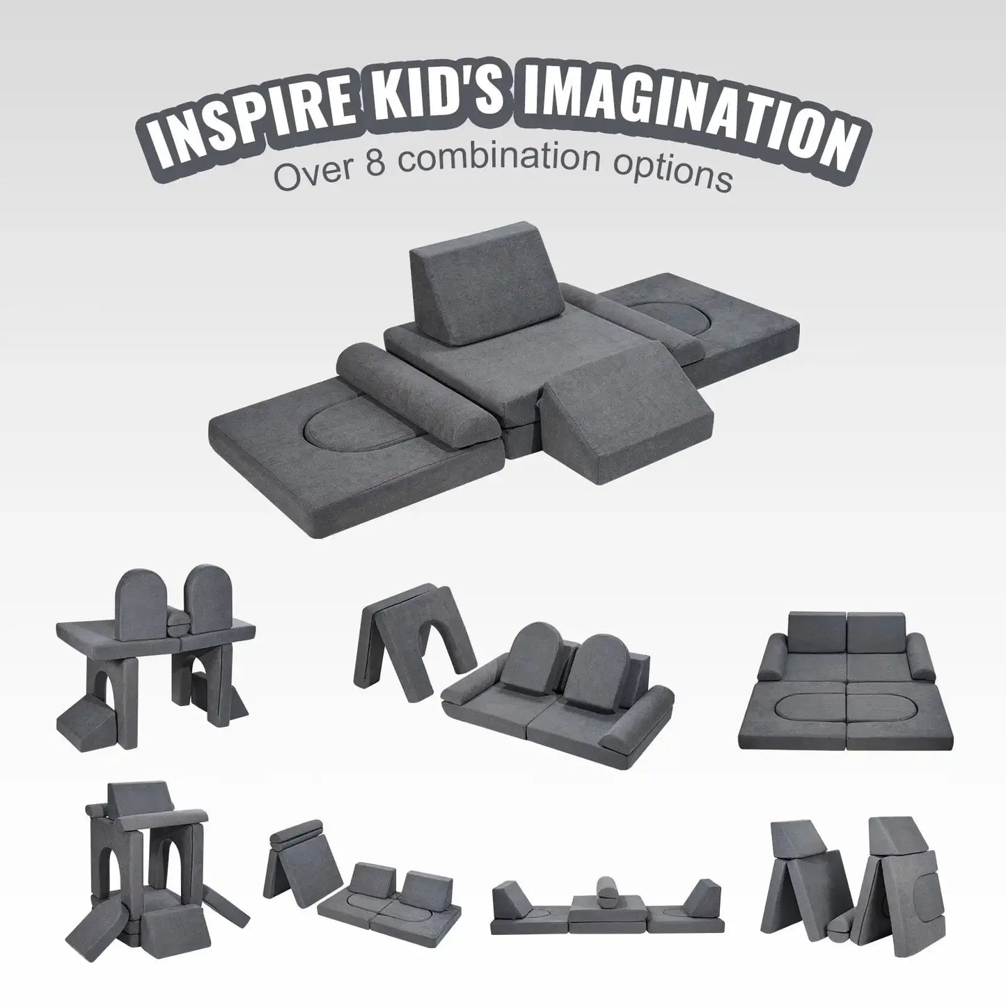 Kids Couch, 10Pcs Modular Kids Play Couch, Toddler Couch Sofa Bed, Kids Chair Seat Playroom Furniture, Grey