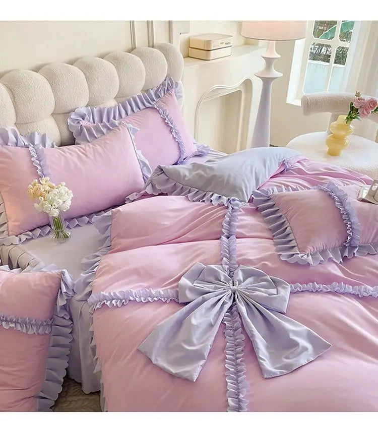 Elegant Ruffled Bow Comforter Bedding Set
