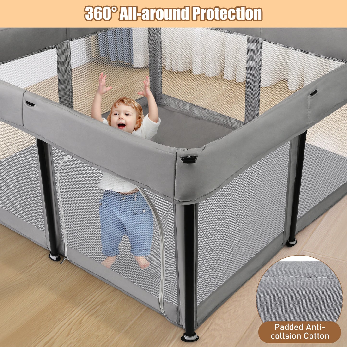 Foldable Baby Playpen with Mat - 50 x 50 Inch, Portable Sturdy Safe Baby Fence with Visible Breathable Mesh, Zipper Door, Storag