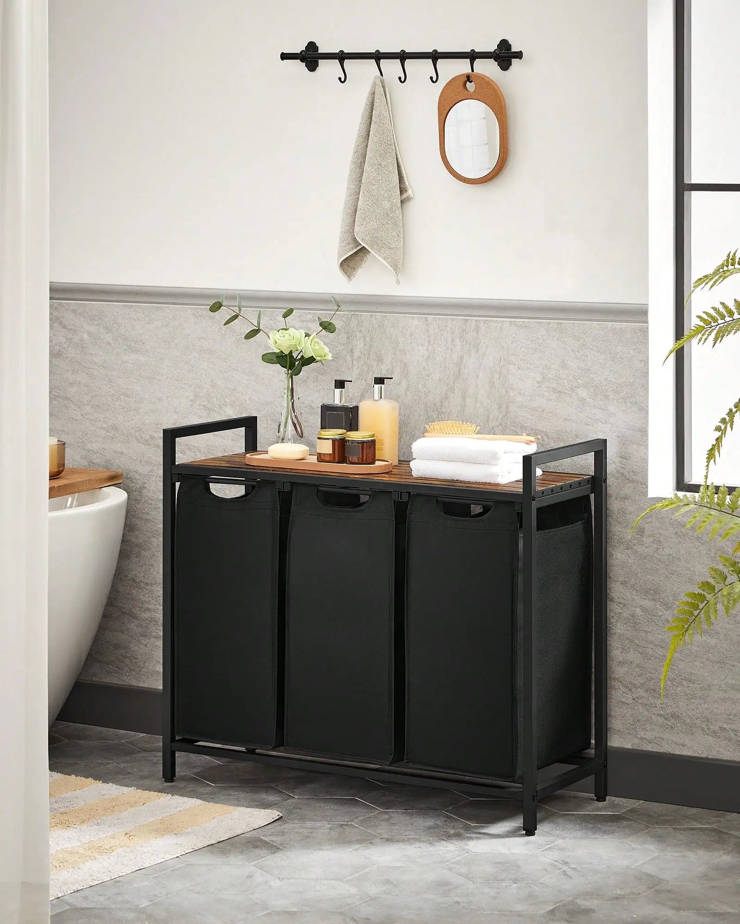 3-Bag Laundry Sorter with Rustic Wood Top. Large Laundry Hamper