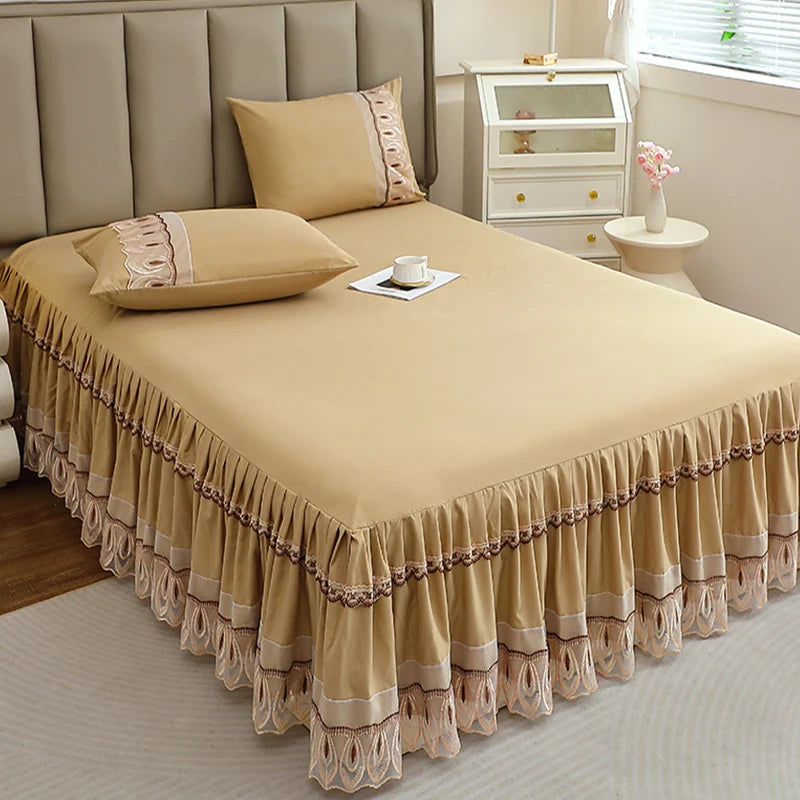 Elegant Solid Color Lace Bed Skirt Set