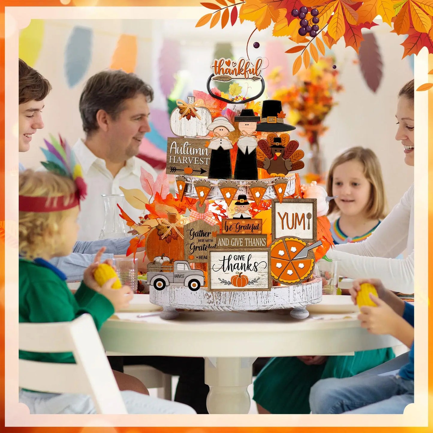 21 Pcs Thanksgiving Tiered Tray Decoration Set Fall Thanksgiving Table Sign Turkey Pumpkins Farmhouse Decor Gnome Maple Leaves Centerpieces Harvest Wood Blocks Tabletop Signs for Autumn