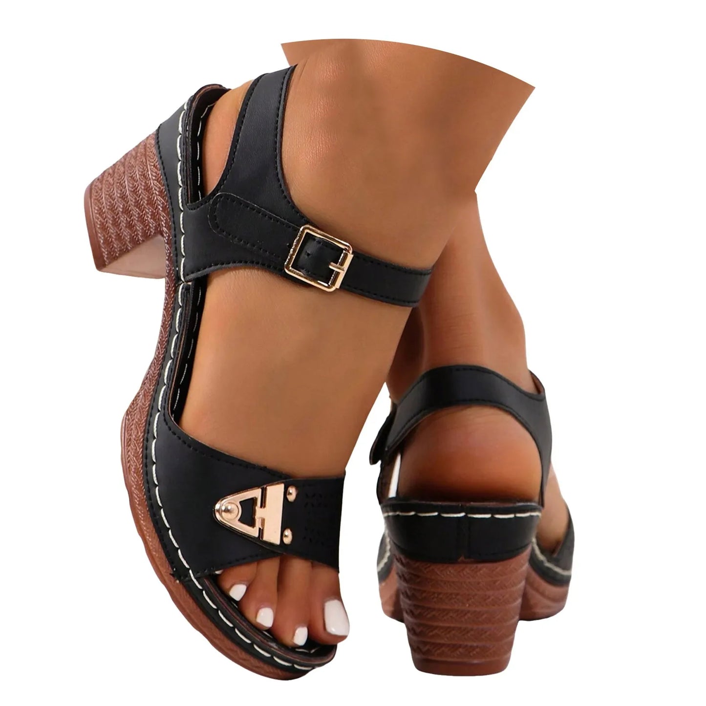 Young Girls' Fashion Sandals With Adjustable Buckles Multi-Strap Thick Medium Heel Solid Color One Line Sandals For Women Sexy