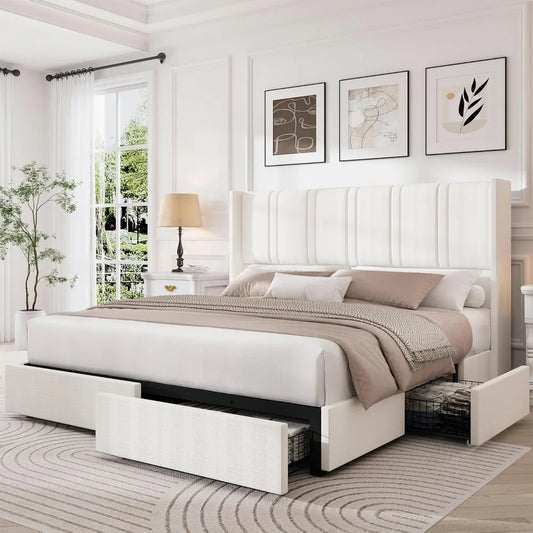 Size Bed Frame with 4 Storage Drawers and Wingback Headboard Linen Upholstered Platform Bed Frame with Wooden Slats, Easy