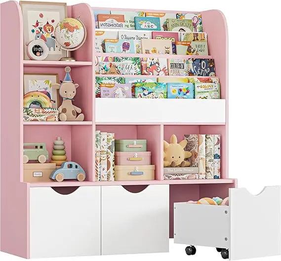 47'' Kids Bookcase and Bookshelf, Multifunctional Bookcase with 5 Storage Cubbies and 3 Movable Drawers, Toy Storager Display S