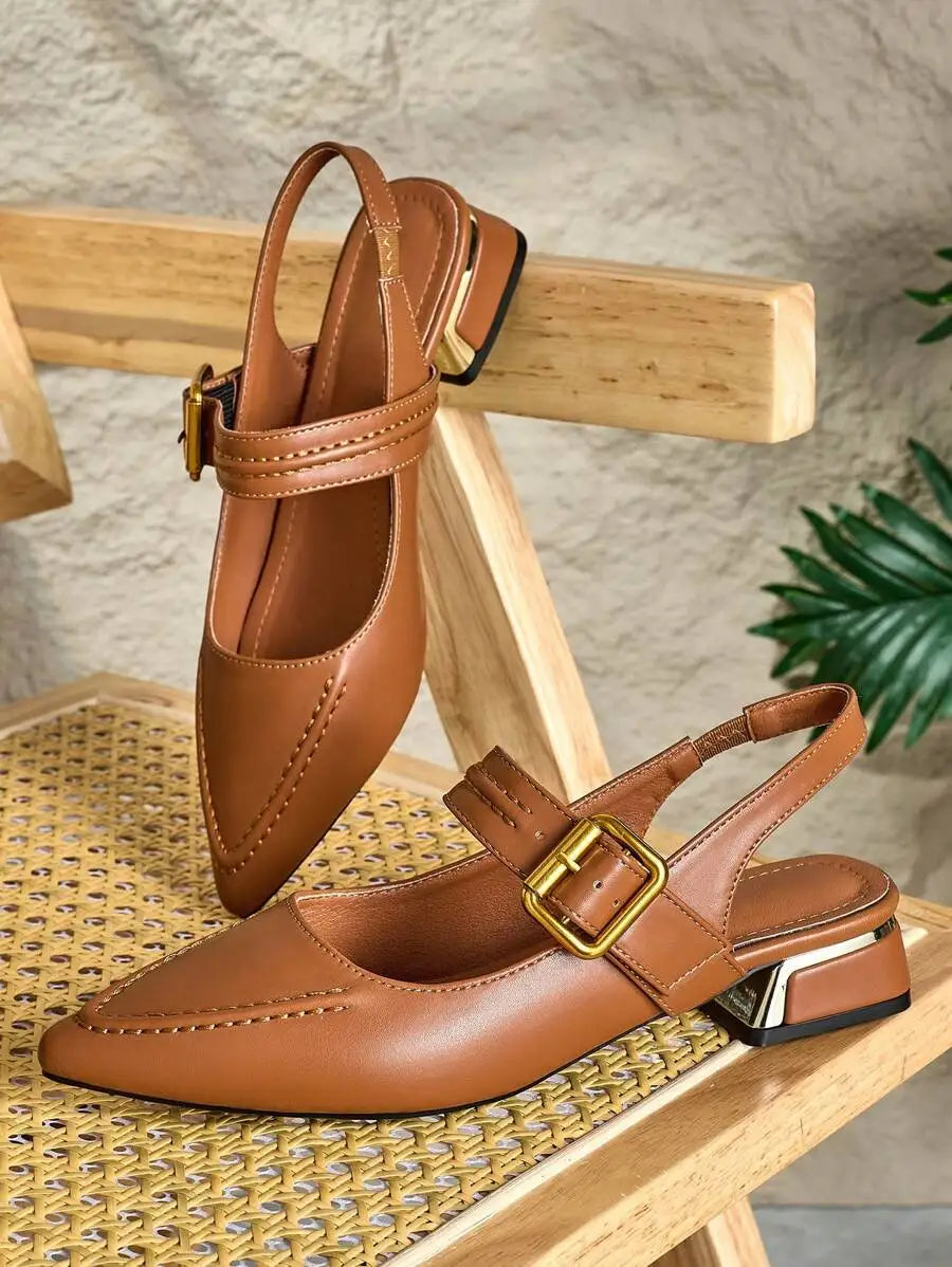 2025 Autumn Women's Pointed Toe Metal Heeled Stylish Slip-On Mule Shoes Backless Loafer Slip-On Flats