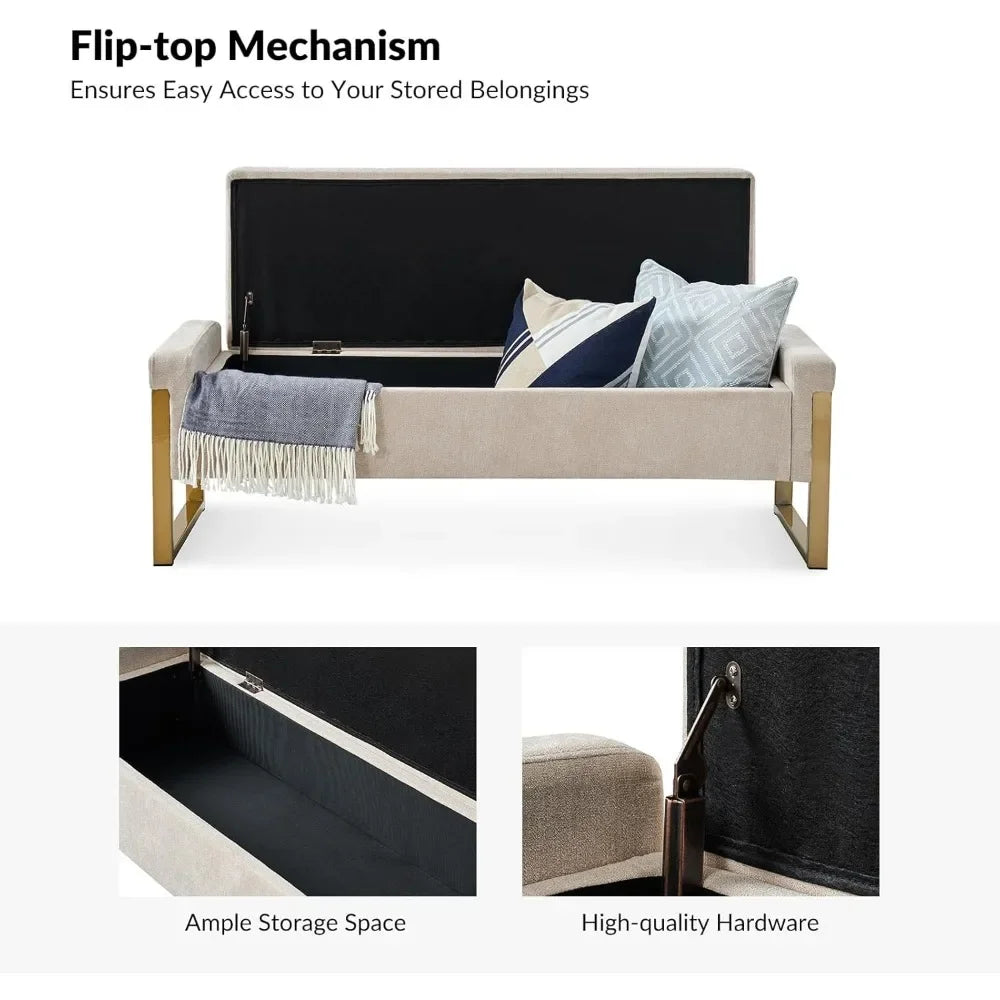 Modern Storage Ottoman Bedroom Bench, End of Bed Bench with Gold Metal Legs, Upholstered Footrest Stool for Living, Dining Room