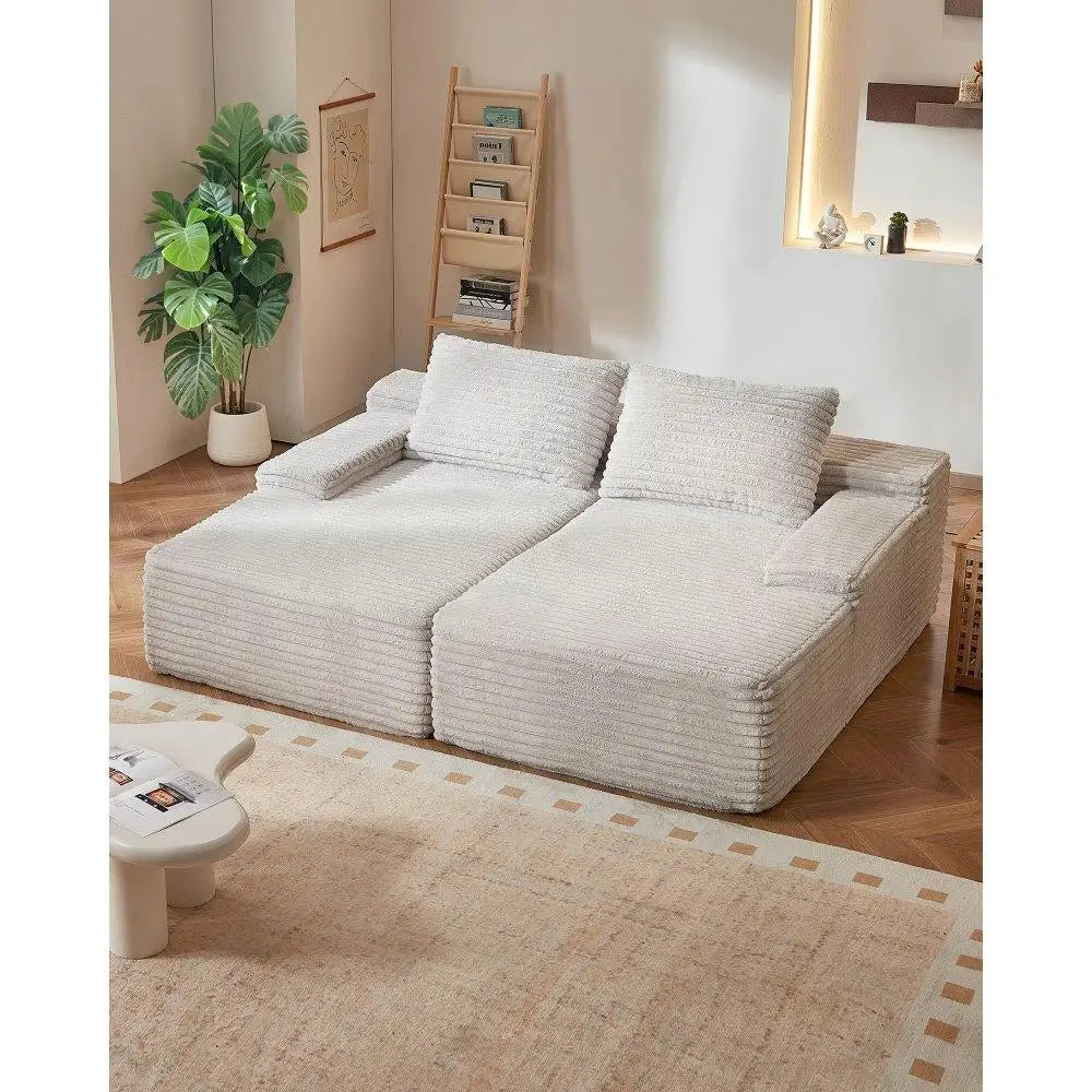 Oversized Corduroy Double Chaise Lounge Sofa 82.7 Inch Sectional Loveseat in Beige for Living Room Comfort