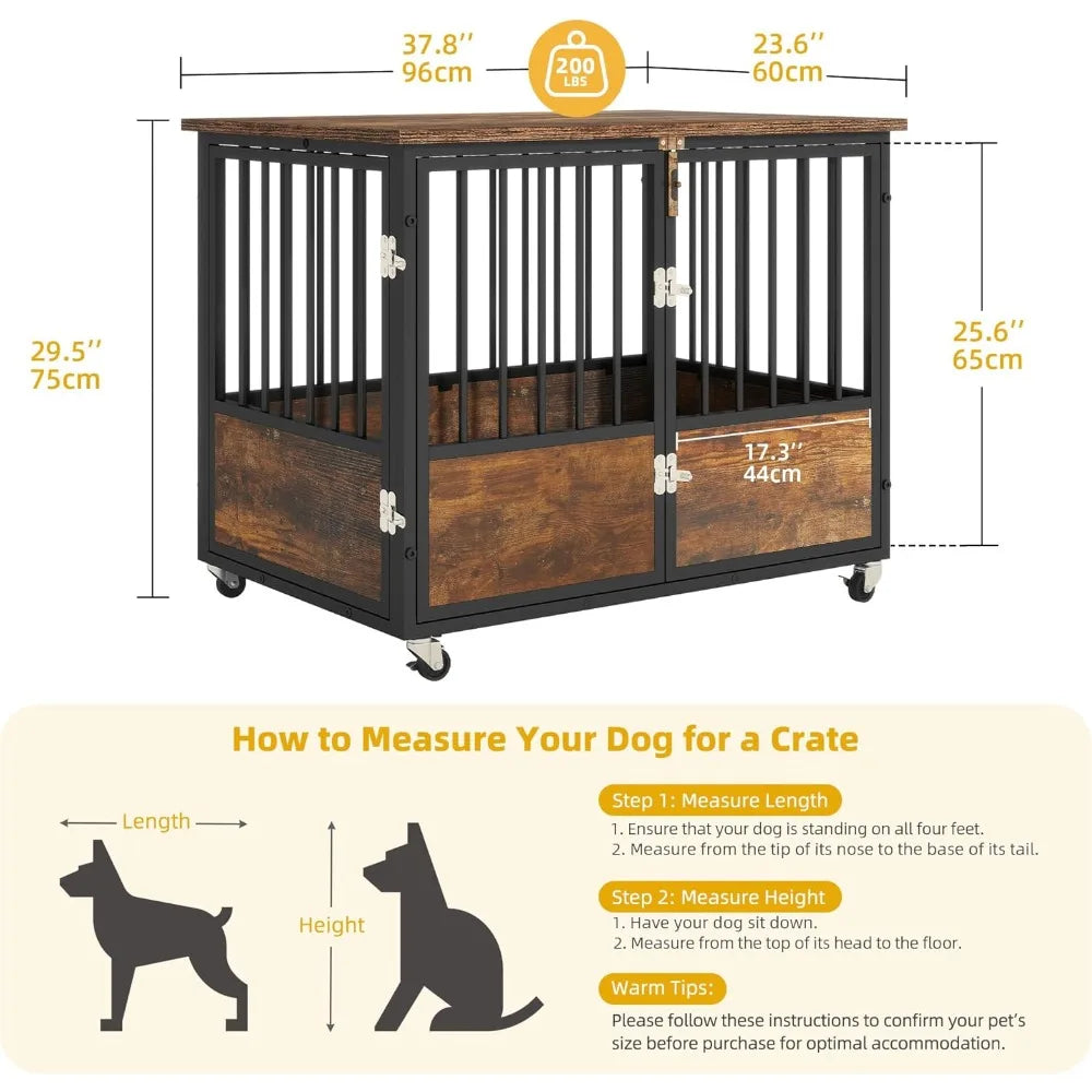 DWVO Dog Crate Furniture with Wheels, 38 Inch Dog Kennel Indoor Furniture End Table Dog Crate for Dogs, Farmhouse Decorative Woo