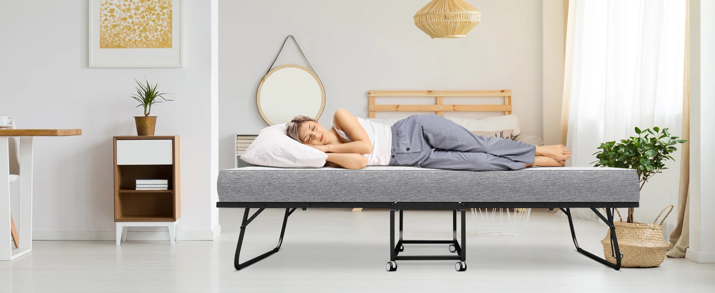 75''x46'' Folding Bed with Mattress for Adults, Large Size Rollaway Folded Bed for Guest, Sturdy Frame,Comfortable Sleep