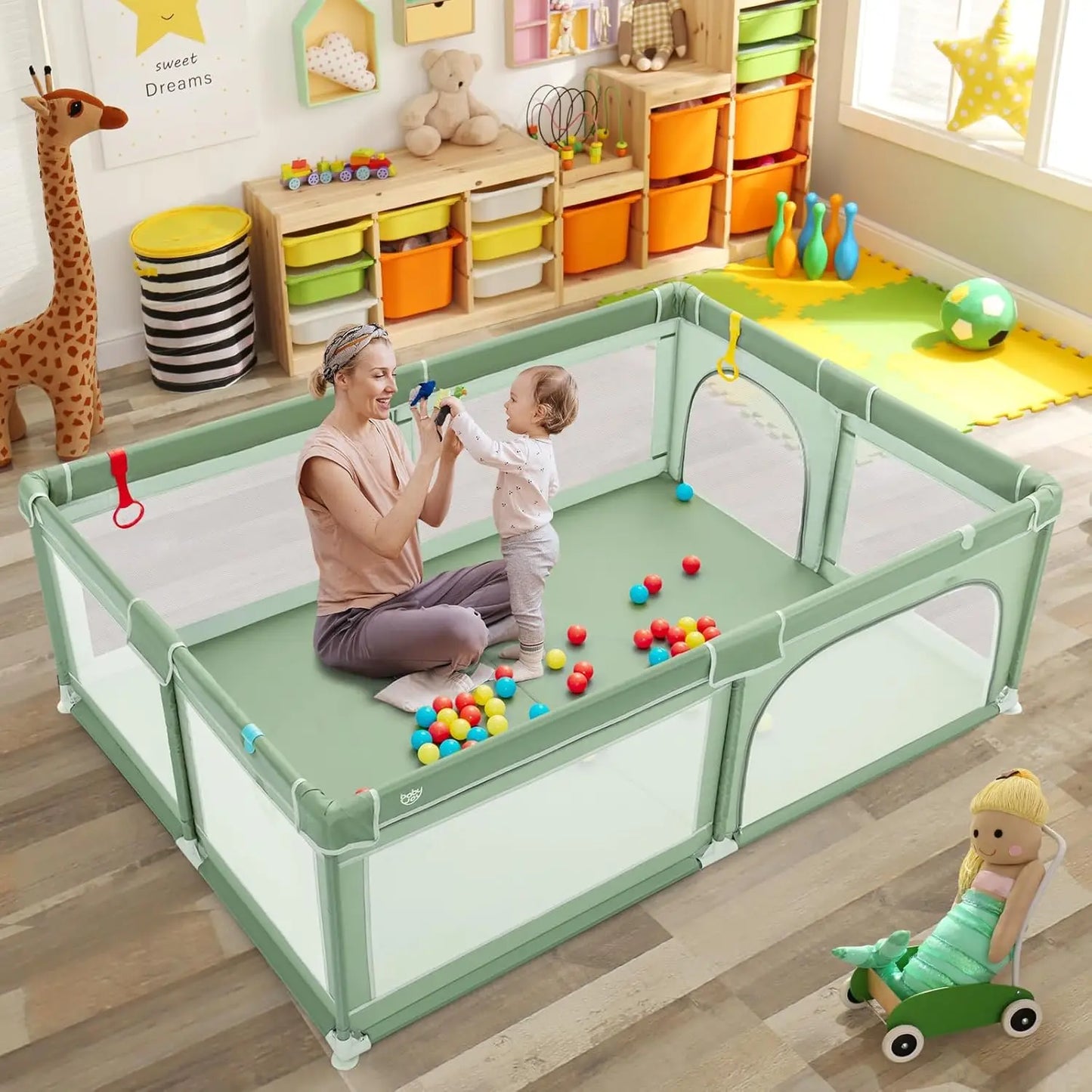 Playpen for Toddlers, Extra Large Playard Playpen for Toddlers Indoor & Outdoor with Ocean Balls, Non-Slip Suction Cups, Handleb