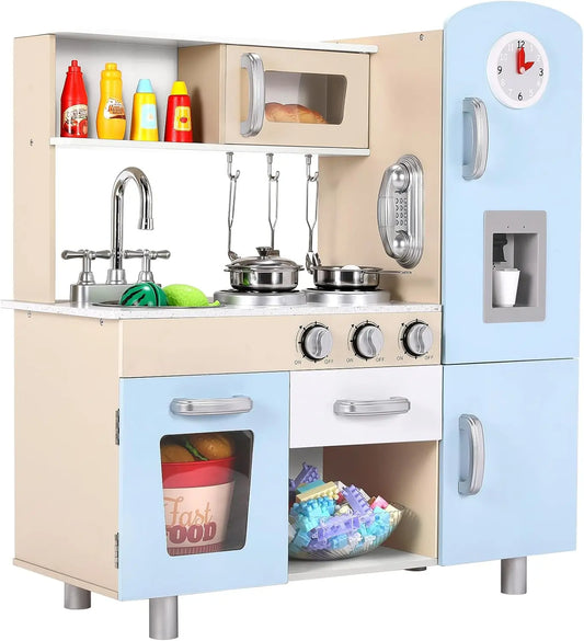 Kids Wooden Pretend Cooking Kitchen Playset with Cabinets for Toddler
