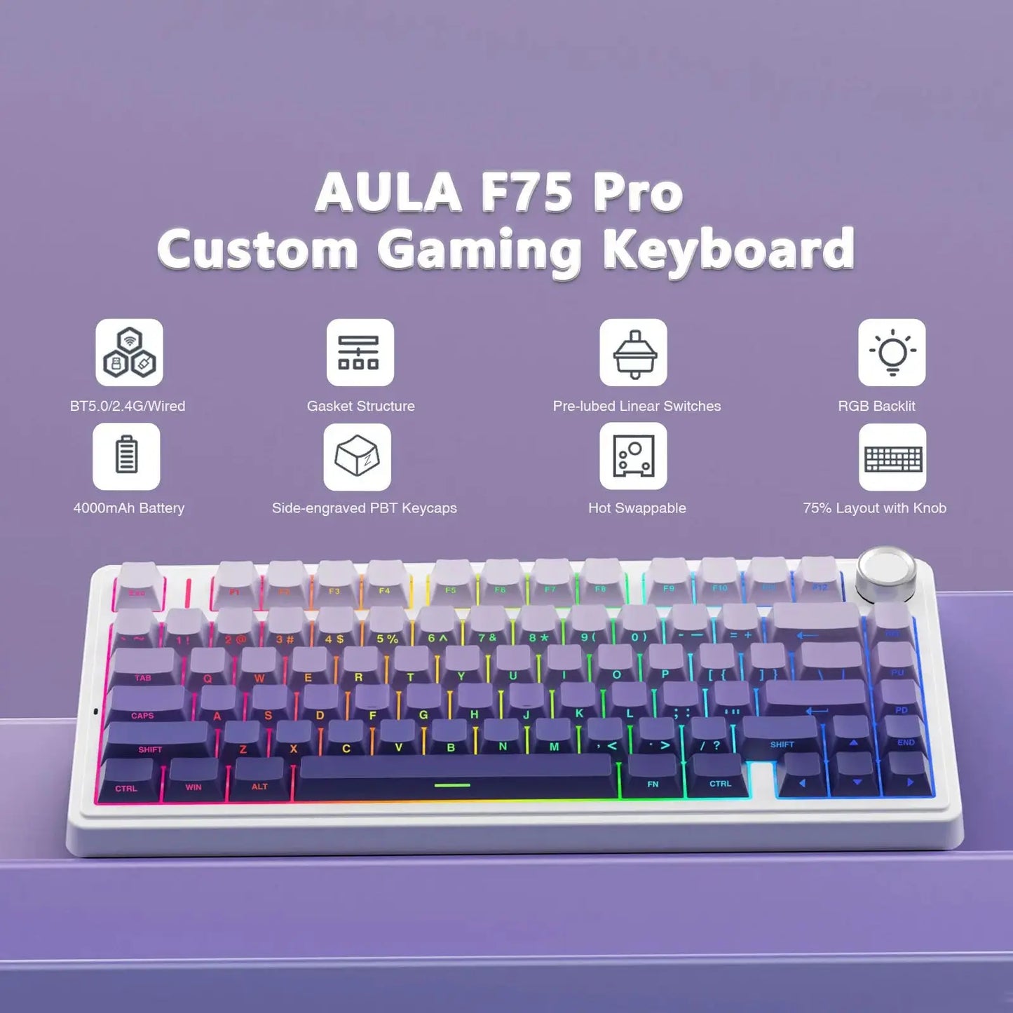 AULA F75 Pro Wireless Mechanical Gaming Keyboard . RGB Hot-Swappable Tri-Mode Keyboard