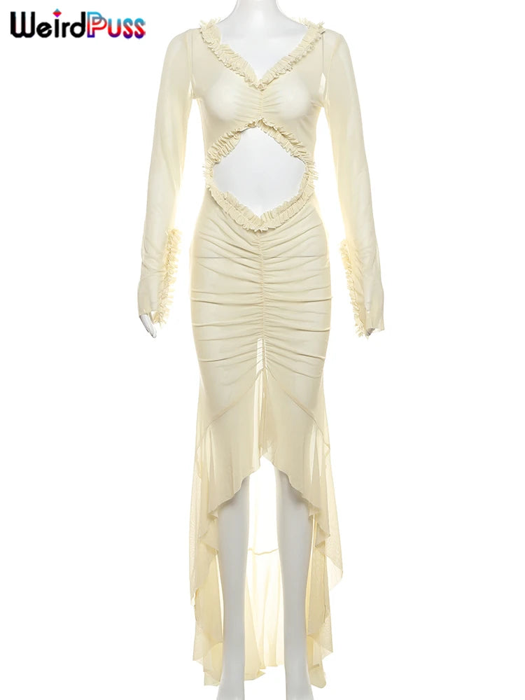 Women’s Elegant V Neck Cutout Maxi Dress | Long Sleeve Bodycon Evening Gown