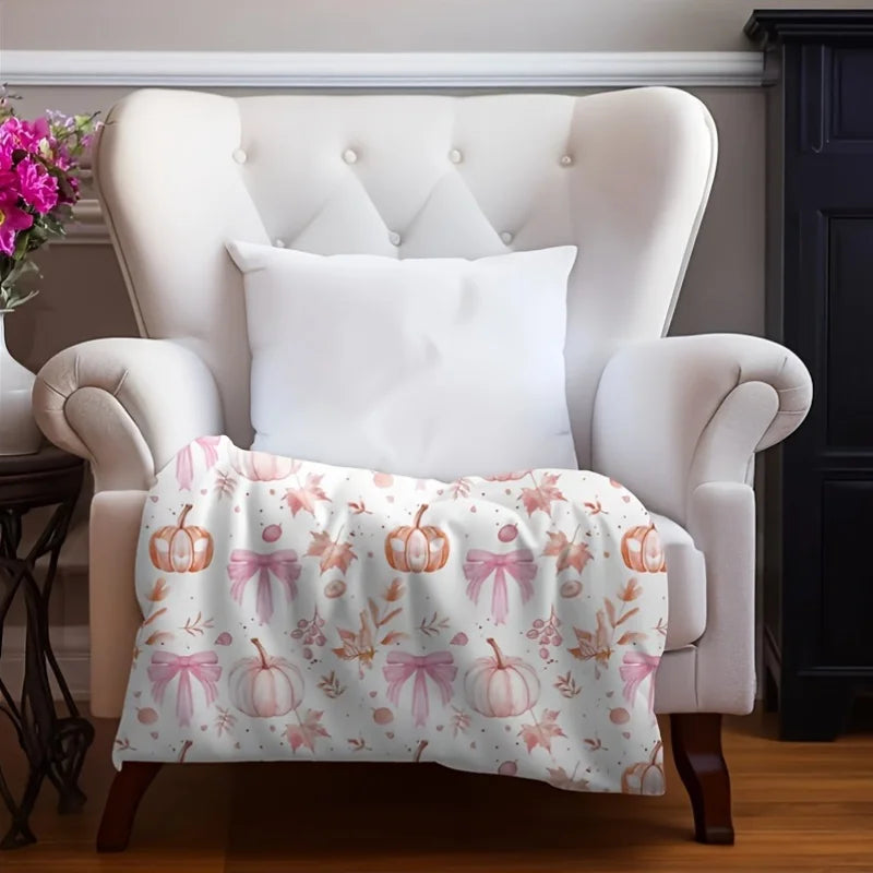 Cozy Pink Pumpkin & Leaf Flannel Plush Blanket. Soft All Season Throw Blanket