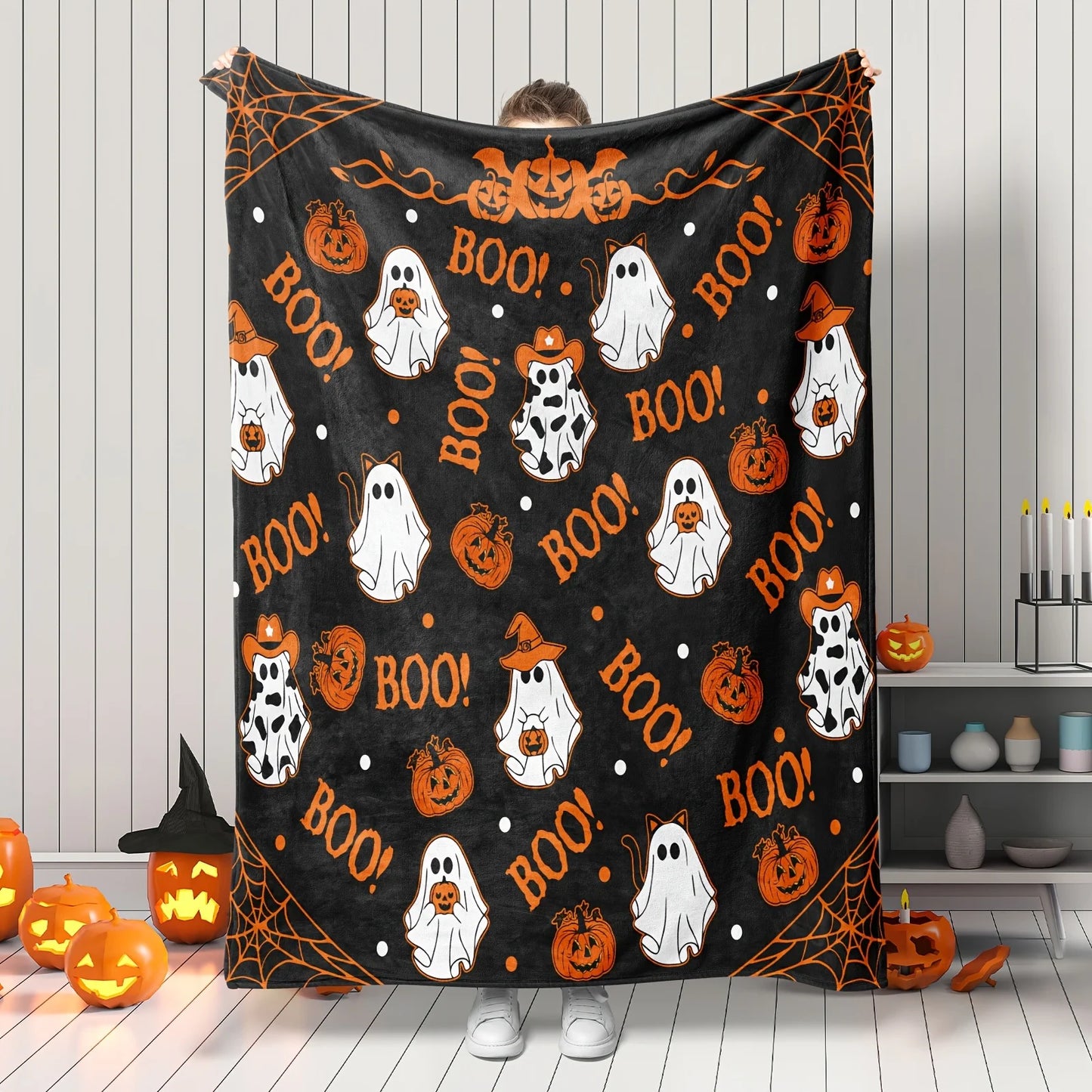 Cozy Halloween Flannel Throw Blanket . Spooky Ghost & Pumpkin Design