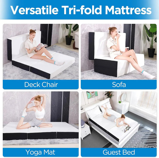 Folding Mattress, 6 inch Cot Tri-fold Memory Foam Mattress Topper with Washable Cover,Cooling Mattress Pad for College Dorm Sing