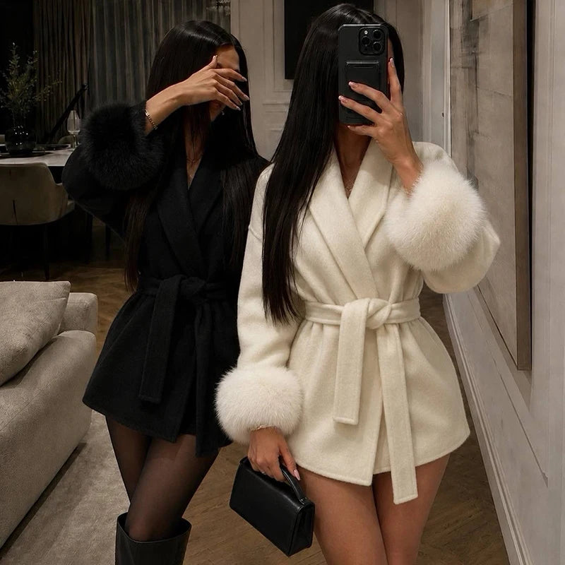 Women's Short Faux Fur Coat – Elegant Belted Winter Jacket with Shawl Collar