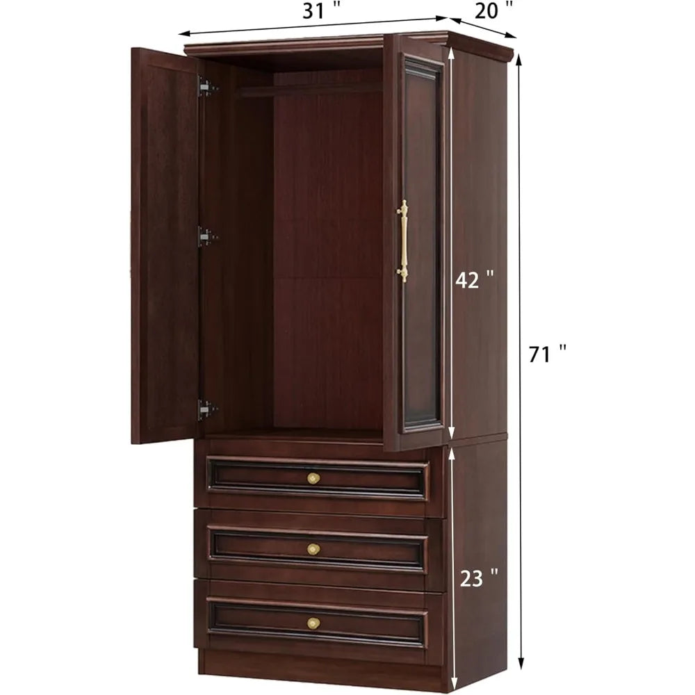 Solid Wood Armoire Wardrobe Closet, 2 Door Modern Solid Wood Wardrobe Cabinet with 2 Drawers, Armoire Closet with Hanging Rods C