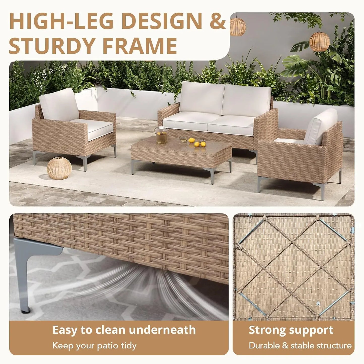 Modern 4 Piece Outdoor Wicker Patio Conversation Set with Loveseat & Coffee Table