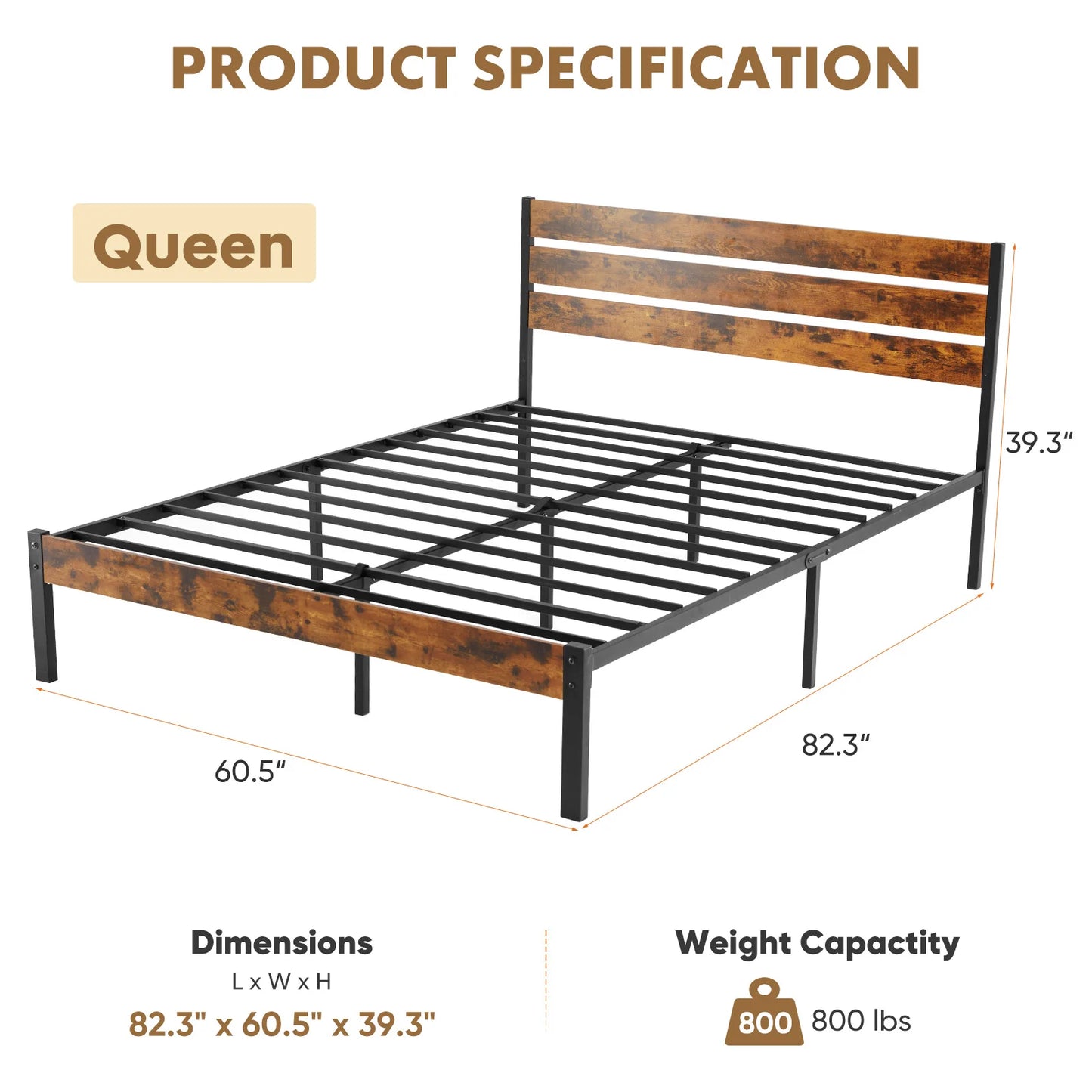 Rustic Wooden Headboard Metal Platform Bed Frame with 700LB Support