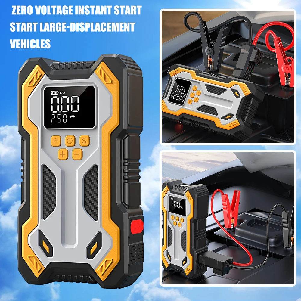 Portable Car Jump Starter with Digital Tire Inflator | 12V Battery Booster Pack | Air Compressor | LED Flashlight | USB Power Bank