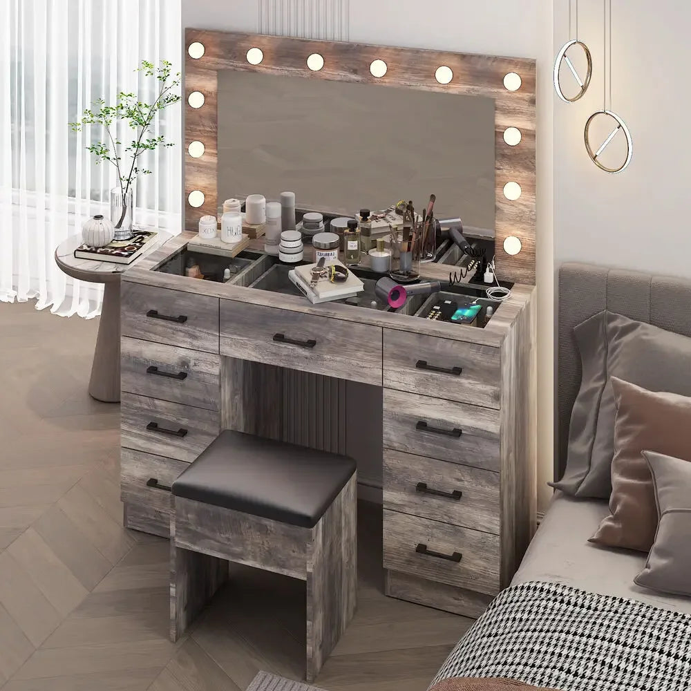 Makeup Vanity Desk Set Large LED Mirror with 9 Drawers Dresser & Power Outlet