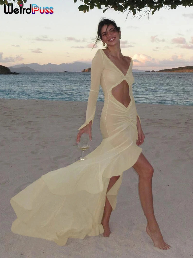 Women’s Elegant V Neck Cutout Maxi Dress | Long Sleeve Bodycon Evening Gown
