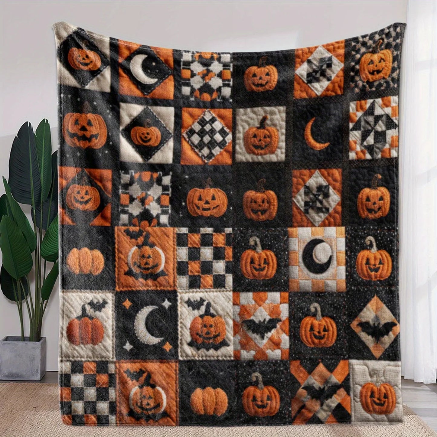 1pc Halloween Plaid Pumpkin Moon Print Flannel Blanket - Warm, Soft & Cozy Throw for Sofa, Bed, Car, Office, Camping & Travel