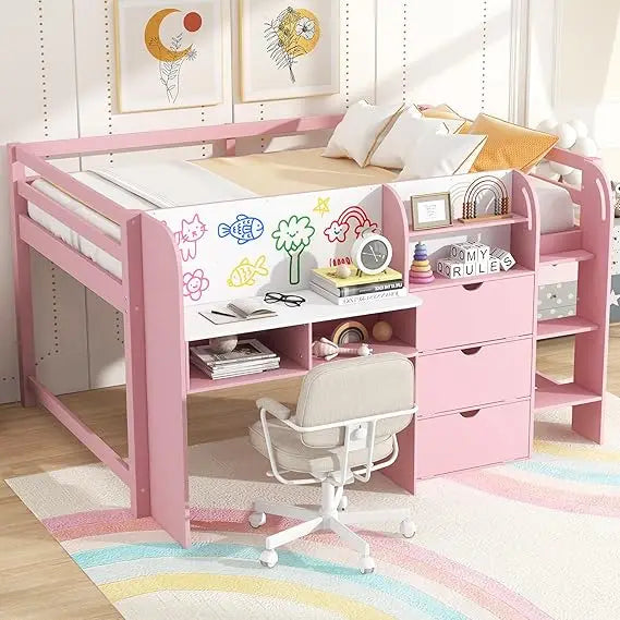Full Size Low Loft Bed,Kids Loft Bed with Storage Cabinets and Open Bookcase,No Box Spring Need, Solid Wood Low Loft Bed Frame .