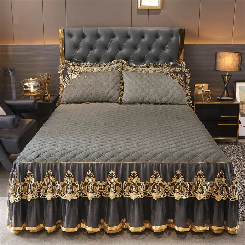 AIWINSURE-European Lace Velvet Bedspread Set, King Size, Queen Thickened Bed Cover, Soft Bed Skirt, Luxury, with 2 Pillowcases