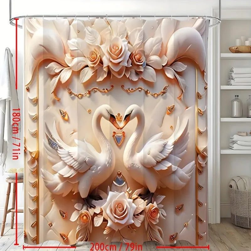 3D Swan Embossed Pearl Print Creative Shower Curtain Set, Decorative Bathroom Set