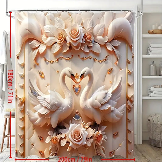 3D Swan Embossed Pearl Print Creative Shower Curtain Set, Decorative Bathroom Set