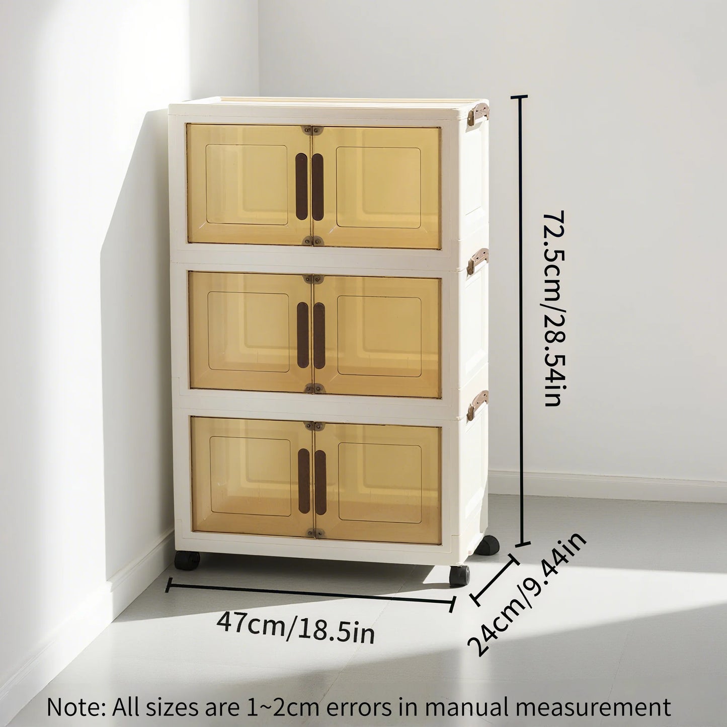 Foldable storage cabinet with stackable storage box, transparent magnetic door + universal wheels + stackable design