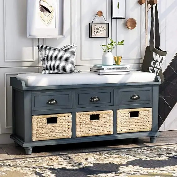 6-Drawer Storage Bench by Knocbel Farmhouse, Ideal for Entryway, Hallway, or Bedroom, with Removable Cushion