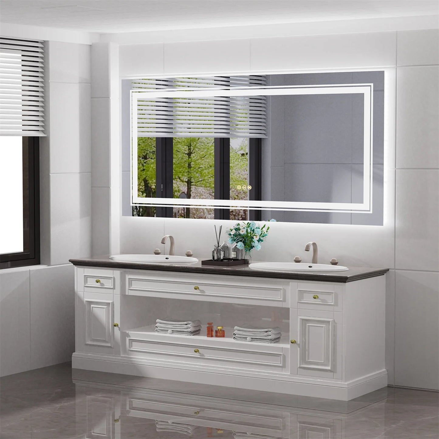 63" x 32" Extra Large LED Light Backlit Bathroom Mirror Dual Lights Makeup Anti-Fog Memory 3 Colors Dimmable With Touch Button