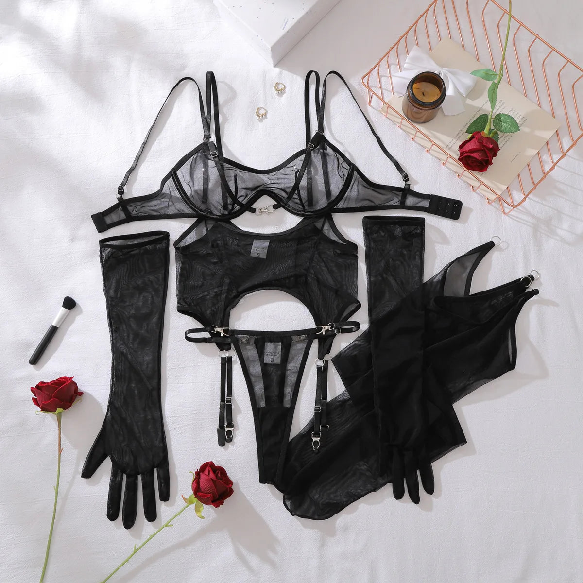 Women's Black Mesh Lingerie Set.  Sheer Bra, Thong & Garter Belt with Stockings