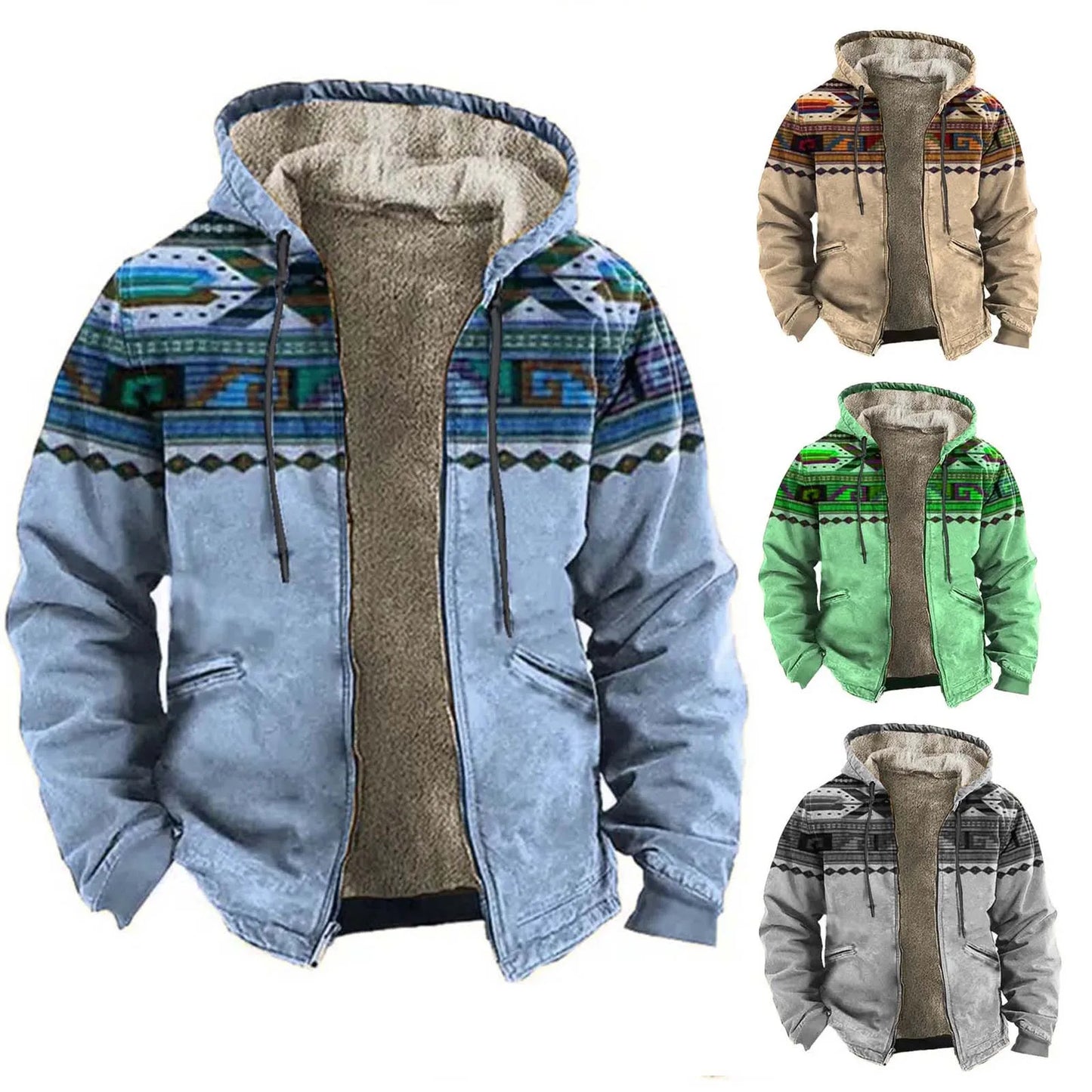 Men’s Sherpa Hooded Aztec Jacket. Warm Western Style Outdoor Coat