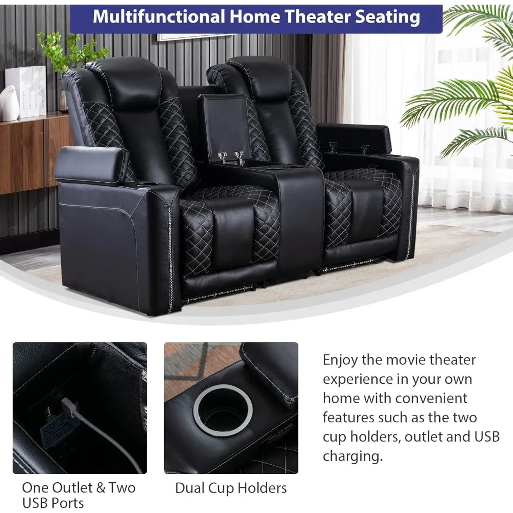 Home Theater Seating, Electric Power Recliner Chairs with USB Ports and Cup Holders, Breathable Faux Leather Recliner Set with
