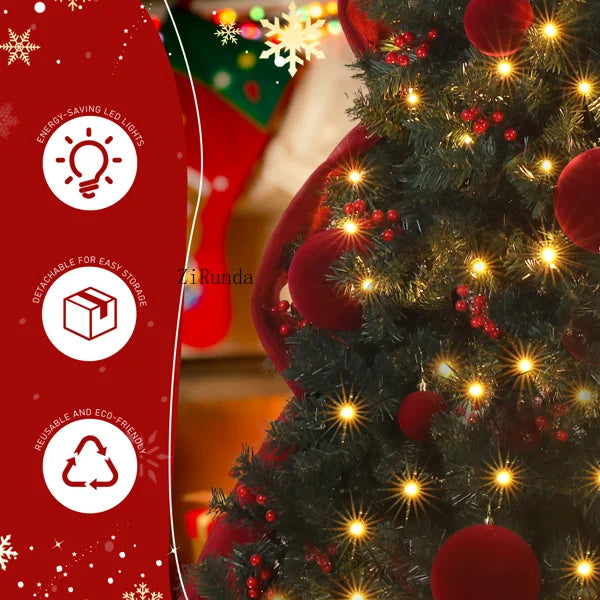 7.5 FT Pre-Lit Artificial Christmas Tree – 300 Warm White LED Lights with Red Ribbon, Holiday Home Décor & Metal Stand