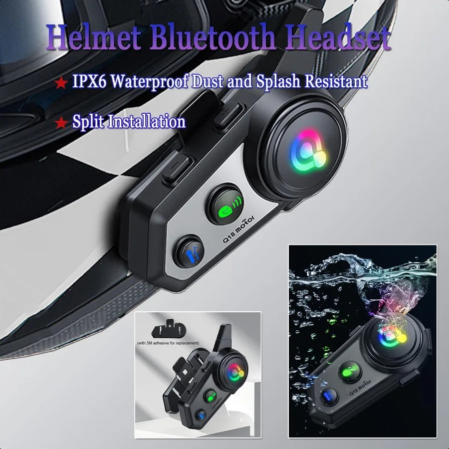 Motorcycle Bluetooth Headset Q18 Helmet Intercom Headset for 2 Riders 1000M Intercom with Music Sharing AI Voice Assistant Auto