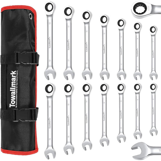 Ratcheting Wrench Set 14pcs, Metric Fixed Head Wrench Set, Metric 6-19mm, Cr-V Steel Ratchet Wrenches Set with Storage Bag
