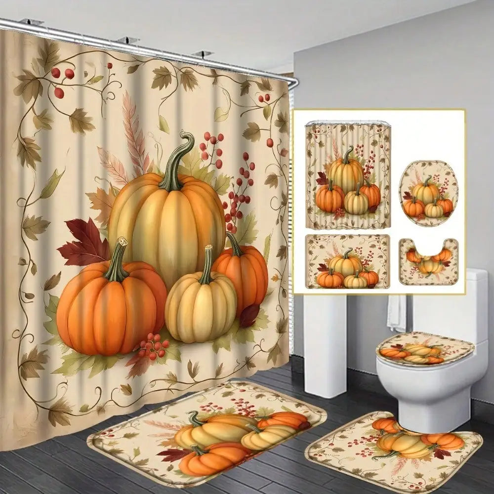 4-Piece Fall Pumpkin Shower Curtain Set – Thanksgiving Bathroom Décor with Bath Mat, Toilet Lid Cover & Rug