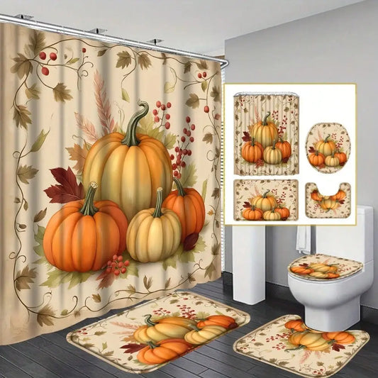 4-Piece Fall Pumpkin Shower Curtain Set – Thanksgiving Bathroom Décor with Bath Mat, Toilet Lid Cover & Rug