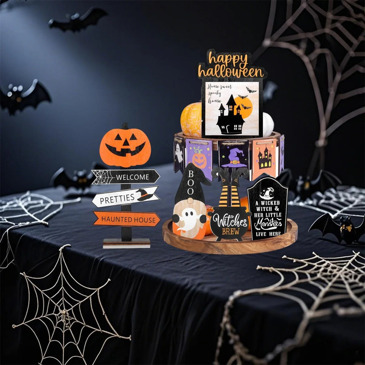 Spooky Halloween Tiered Tray Decor Set With Wooden Pumpkin