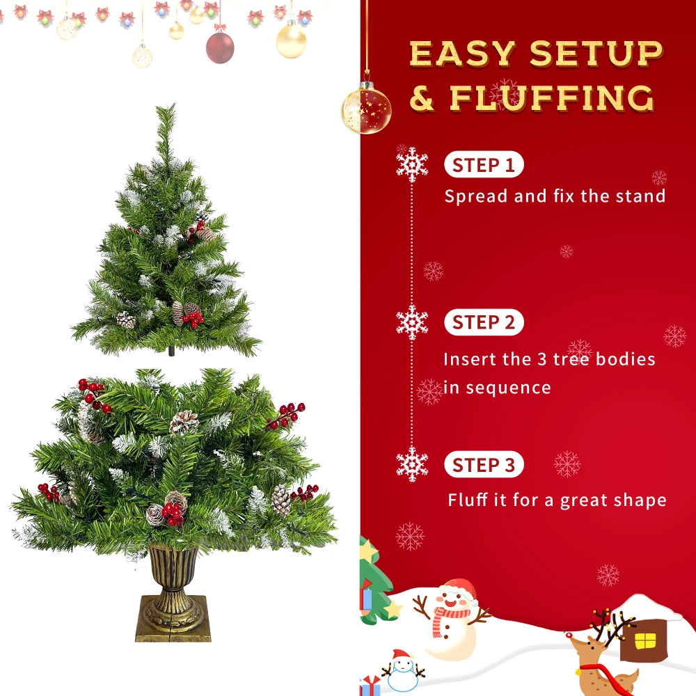 Pre-lit Xmas Tree Artificial Christmas 4-Piece Set,Garland, Wreath and Set of 2 Entrance Trees X-mas with LED Lights, Christmas