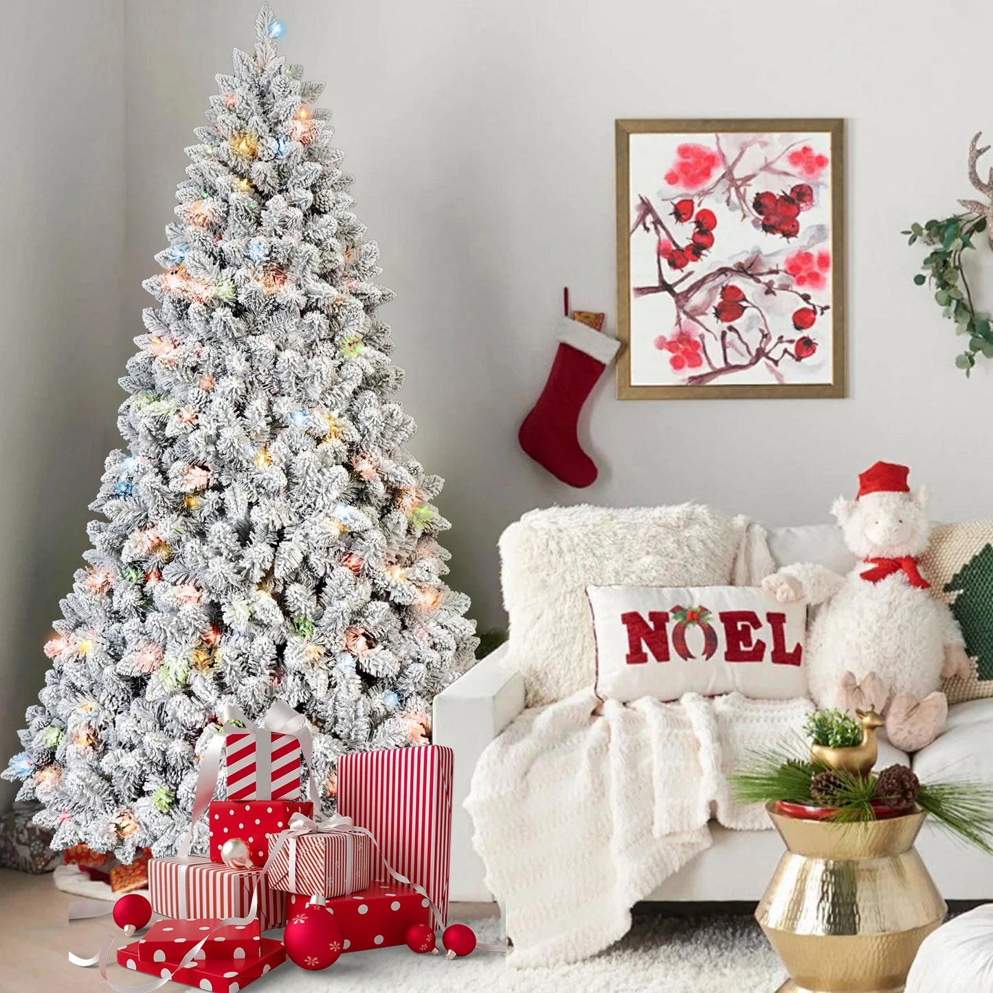 FT Pre-Lit Snow-Flocked Artificial Christmas Tree .Premium Mixed PVC Branches with Warm Holiday Lighting