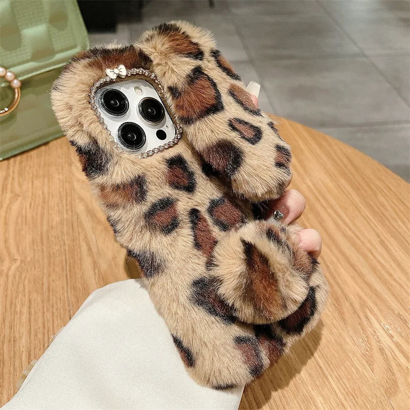 Cute Plush Bunny Leopard Print iPhone Case . Soft Furry Protective Cover, Cozy Cartoon Style